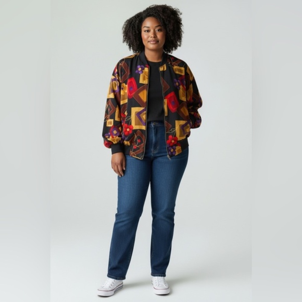 Vintage Colorful Geometric and Floral Bomber Jacket Size Large